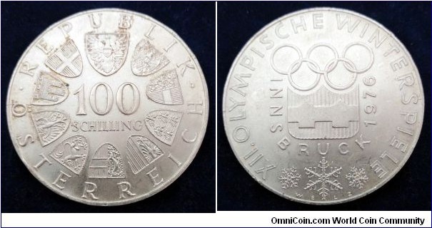 Austria 100 schilling. 1974, Winter Olympics - Innsbruck 1976. Ag 640. Weight; 23,93g. Diameter; 36mm. Mintage: 2.826.000 pcs.