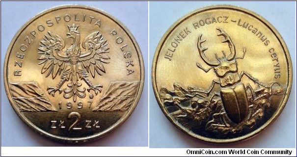 Poland 2 złote.
1997, Stag Beetle (Lucanus cervus) Nordic gold. Weight; 8,15g. Diameter; 27mm. Mintage: 315.000 pcs.