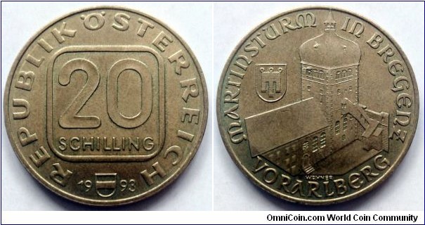 Austria 20 schilling.
1993, Vorarlberg - Martinsturm in Bregenz. Al-ni-br. Weight; 8g. Diameter; 27,7mm. Mintage: 180.000 pcs.