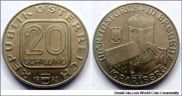 Austria 20 schilling.
1993, Vorarlberg - Martinsturm in Bregenz. Al-ni-br. Weight; 8g. Diameter; 27,7mm. Mintage: 180.000 pcs.