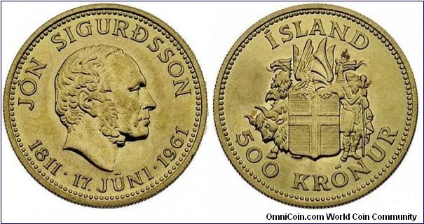 500 Krónur 1961 - Jón Sigurðsson. 8,96g Gold 900.