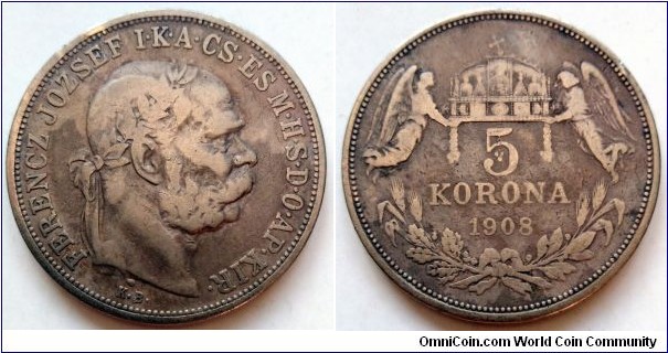 Austro-Hungarian Monarchy 5 korona.
Hungary. Ag 900.Weight; 24g. Diameter; 36mm.
Mintage: 1.742.452 pcs.