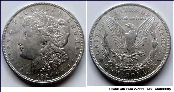 1921 Morgan Dollar.
Ag 900. Weight; 26,73g. Diameter; 38,1mm.