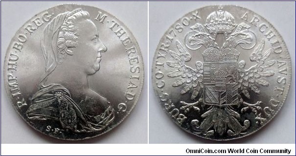 Maria Theresa 1 thaler 1780. Modern restrike. Ag 833. Weight; 28,06g. Diameter; 42mm.