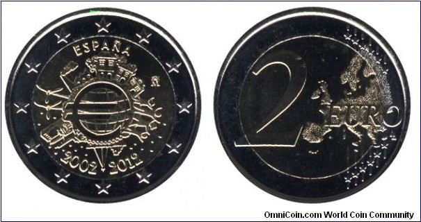 Spain, 2 euros, 2012, Cu-Ni-Ni-Brass, bi-metallic, 25.75mm, 8.5g, 2002-2012, 10 Years of Euro.