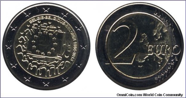 Belgium, 2 euros, 2011, Cu-Ni-Ni-Brass, bi-metallic, 25.75mm, 8.5g, 30th anniversary of the EU flag.