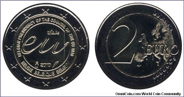 Belgium, 2 euros, 2010, Cu-Ni-Ni-Brass, bi-metallic, 25.75mm, 8.5g, Belgian Presidency of the Council of the European Union.