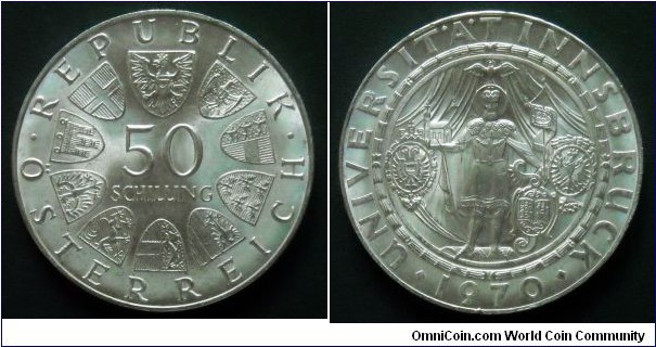 Austria 50 schilling.
1970, 300th Anniversary of the Innsbruck University. Ag 900. Weight; 20g. Diameter; 33,5mm. Mintage: 2.087.300 pcs.