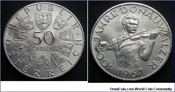 Austria 50 schilling.
1967, 100th Anniversary of the Blue Danube Waltz. Ag 900. Weight; 20g. Diameter; 33,5mm. Mintage: 2.973.900 pcs.