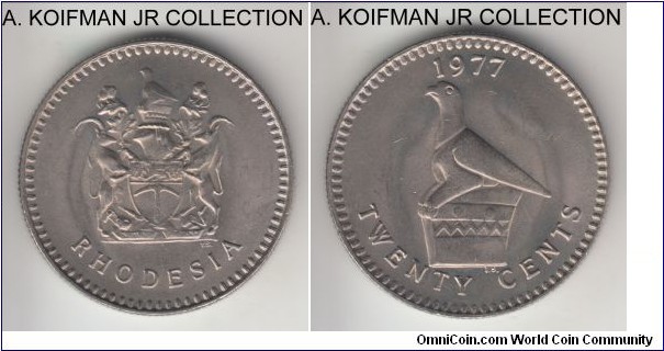 KM-15, 1977 Rhodesia 20 cents; copper-nickel, reeded edge; late Republical coinage, last of the pre-Zimbabwe coinage, average uncirculated or almost.
