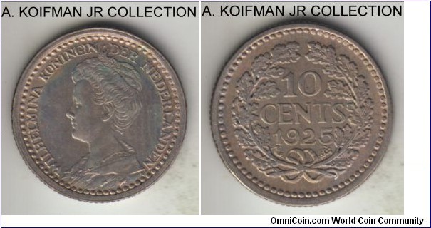 KM-145, 1925 Netherlands 10 cents; silver, reeded edge; Wilhelmina I mature head type, good extra fine or so. 