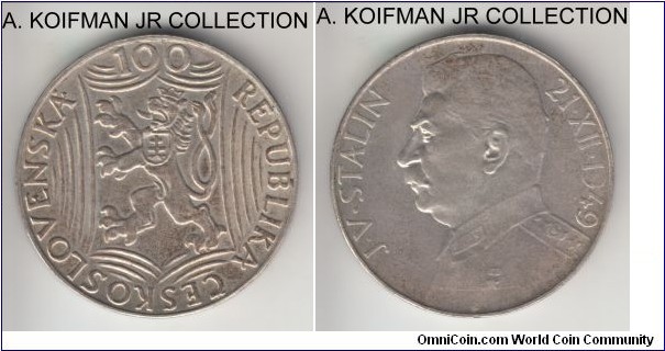 KM-30, 1949 Czechoslovakia 100 korun; silver, plain ornamented edge; Joseph Stalin 70'th birthday commemorative, toned almost uncirculated.