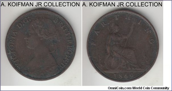 KM-747.2, 1869 Great Britain farthing; bronze, plain edge; Victoria, second (bun) head type, decent brown circulated coion, good fine to almost very fine.