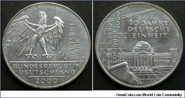 Germany 10 mark.
2000 D, 10th Anniversary of the German Reunification. Ag 925. Weight; 15,5g. Diameter; 32,5mm. Mintage: 3.000.000 pcs.