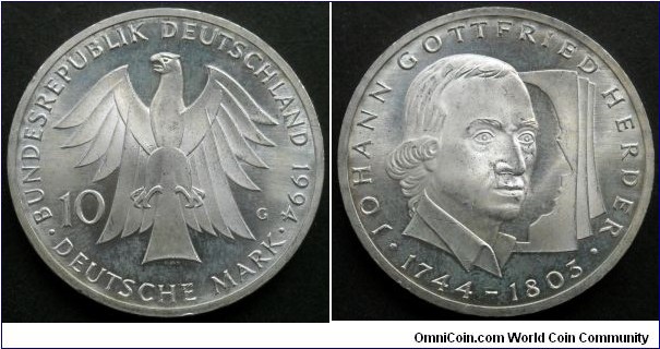 Germany 10 mark.
1994 G, 250th Birthday of Johann Gottfried Herder. Ag 625. Weight; 15,5g. Diameter; 32,5mm. Mintage: 7.000.000 pcs.