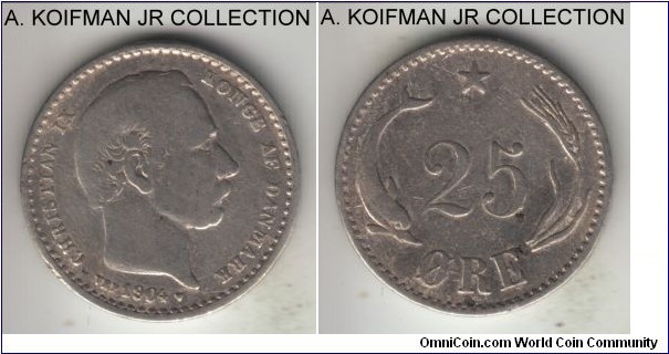 KM-796.2, 1904 Denmark 25 ore; silver, plain edge; Christian IX, fine or so.