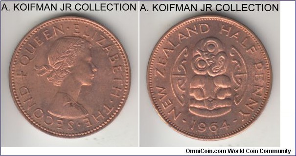 KM-23.2, 1964 New Zealand half penny; bronze, plain edge; Elizabeth II, late pre-decimal, red brown uncirculated.