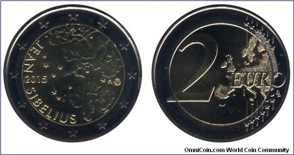 Finland, 2 euros, 2015, Cu-Ni-Ni-Brass, bi-metallic, 25.75mm, 8.5g, 150th Anniversary of the Birth of Jean Sibelius.