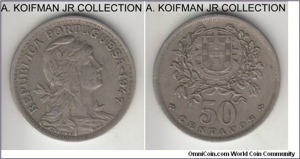 KM-577, 1947 Portugal 50 centavos; copper-nickel, reeded edge; decent circulated grade, extra fine or so.