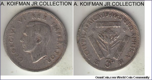 KM-26, 1946 South Africa (Dominion) 3 pence; silver, plain edge; George VI, well circulated and scratches on obverse.