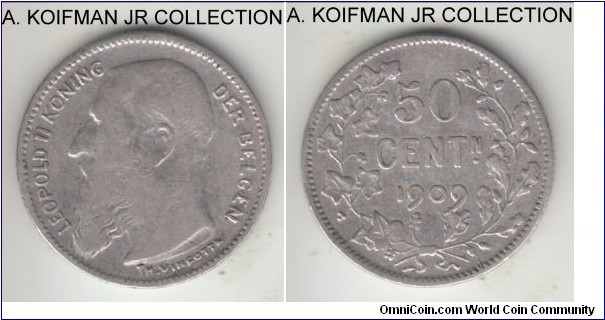 KM-61.1, 1909 Belgium 50 centimes; silver, reeded edge; Leopold II, DER BELGEN (Flemish) legend, coin rotation, good fine or so, hard to grade because of the high relief.