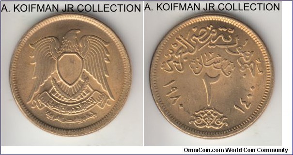 KM-500, AH1400 (1980) Egypt 2 qirsh (piastres); aluminum-bronze, plain edge; common circulation coinage, bright red uncirculated.