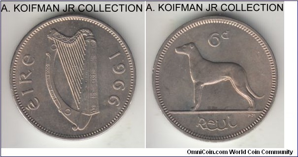 KM-13a, 1966 Ireland 6 pence; copper-nickel, plain edge; late pre-decimal, average uncirculated.