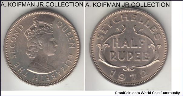 KM-12, 1972 Seychelles half rupee; copper-nickel, plain edge; late Elizabeth II coinage, average uncirculated.