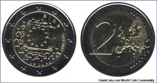 Ireland, 2 euros, 2015, Cu-Ni-Ni-Brass, bi-metallic, 25.75mm, 8.5g, 1985-2015, 30th anniversary of the EU flag.