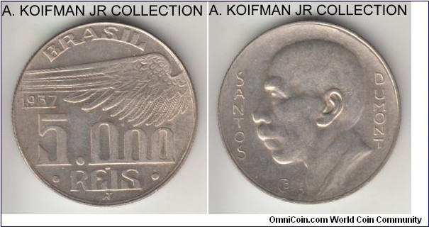 KM-543, 1937 Brazil 5000 reis; silver, reeded edge; scarcer of the 3-year Alberto Santos Dumont circulation commemorative, lightly toned uncirculated or almost.