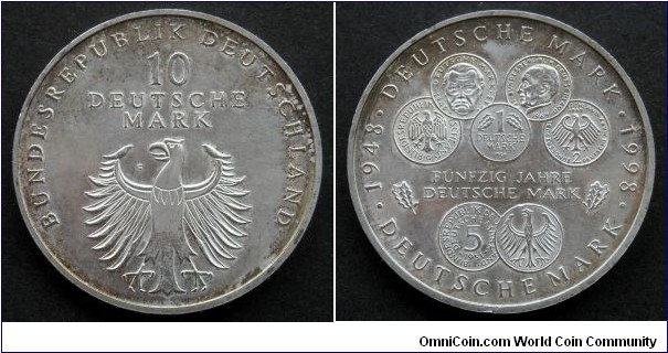 Germany 10 mark.
1998 F, 50th Anniversary of the  Deutsche Mark. Ag 925. Weight; 15,5g. Diameter; 32,5mm. Mintage: 3.525.000 pcs.