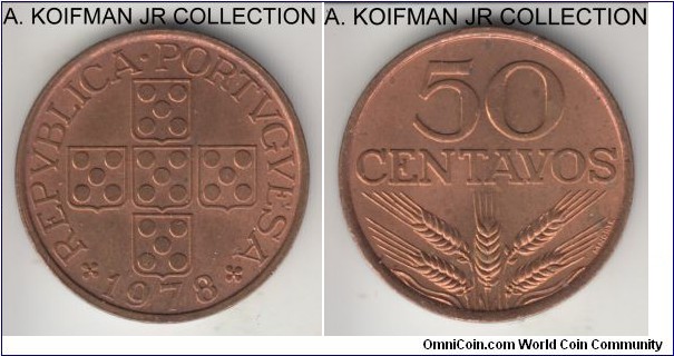 KM-596, 1978 Portugal 50 centavos; bronze, plain edge; common late year of the type, red brown uncirculated.
