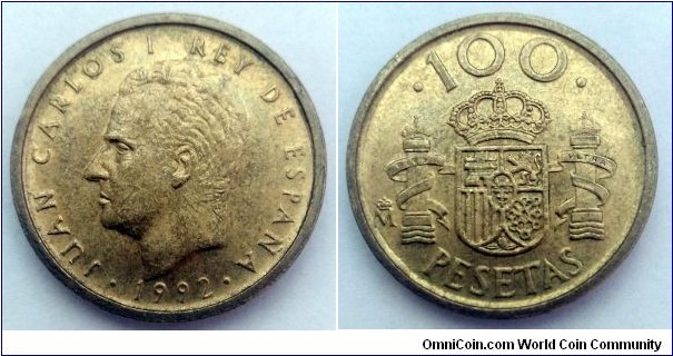 Spain 100 pesetas.
1992, Juan Carlos I. Aluminium-bronze. Mintage: 22.661.000 pcs.
