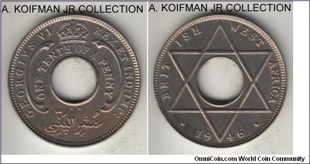 KM-20, 1946 British West Africa 1/10 penny, King Norton's mint (KN mint mark); copper nickel, plain edge, holed flan; George VI, tall mint mark, lightly toned uncirculated, weakly struck.