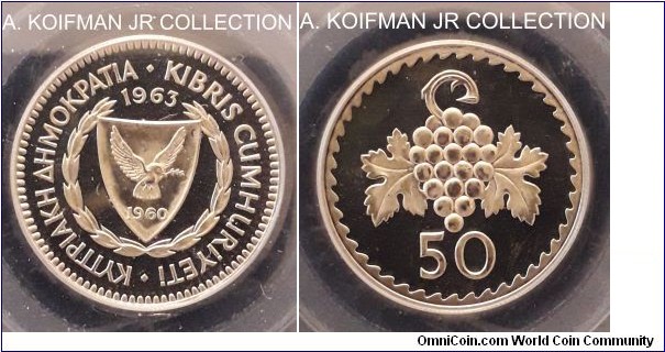 KM-41, 1963 Cyprus 50 mils; copper-nickel, reeded edge, Republican issue, mintage 25,000 in proof sets, PCGS graded PR66DCAM.