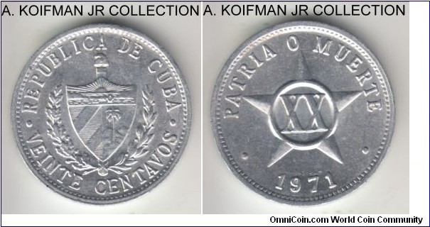 KM-35.1, 1971 Cuba 20 centavos, Leningrad (St. Petersburg, Russia) mint; aluminum, plain edge; early modern Communist government, bright uncirculated.