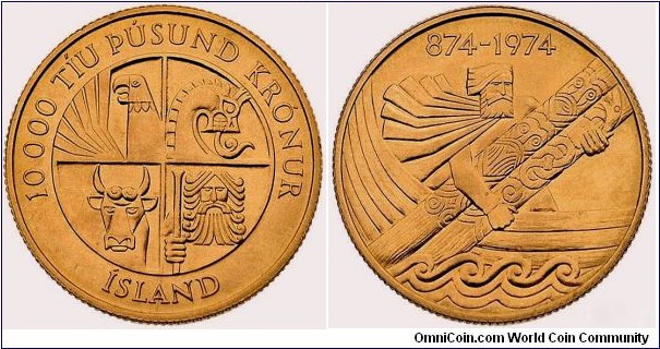 10000 Krónur - 1100th Anniversary of the First Settlement. 15,50g Au 900.