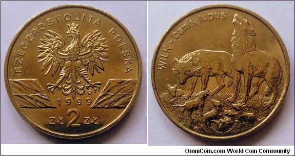 Poland 2 złote.
1999, Wilk - Wolf (Canis lupus) Nordic gold. Weight; 8,15g. Diameter; 27mm. Mintage: 500.000 pcs.