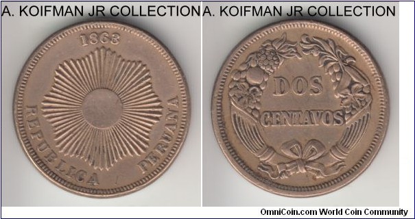 KM-188.1, 1863 Peru 2 centavos; copper-nickel, plain edge; 1-year type, extra fine details, cleaned.