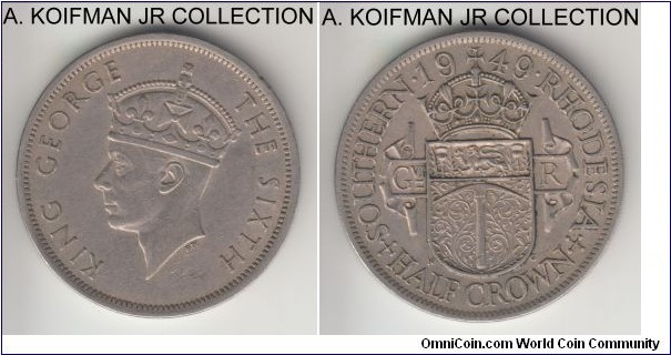 KM-24, 1949 Southern Rhodesia 1/2 crown; copper-nickel, reeded edge; George VI, good very fine.