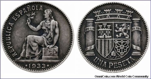 Black toned spanish peseta, 1933 (34)