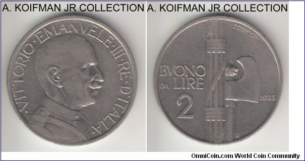 KM-63, 1924 Italy 2 lire, Rome mint (R mint mark); nickel, plain edge; Vittorio Emmanuele III, first year of the type, very fine.