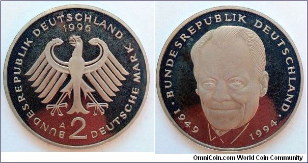 Germany 2 mark.
1996 A - Willy Brandt. 45 Years of the Federal Republic of Germany. Proof.