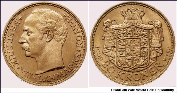 20 Kroner 1909 - King Frederick II. 8,96g Au 900.
