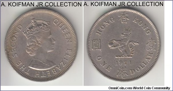 KM-35, 1971 Hong Kong dollar, Heaton mint (H mint mark); copper-nickel, reeded edge; Elizabeth II, British possession circulation coinage, common, good extra fine.