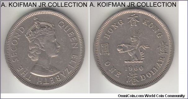 KM-31.1, 1960 Hong Kong dollar, Kings Norton mint (KN mint mark); copper-nickel, reeded security edge; Elizabeth II, 2-year type, good extra fine.