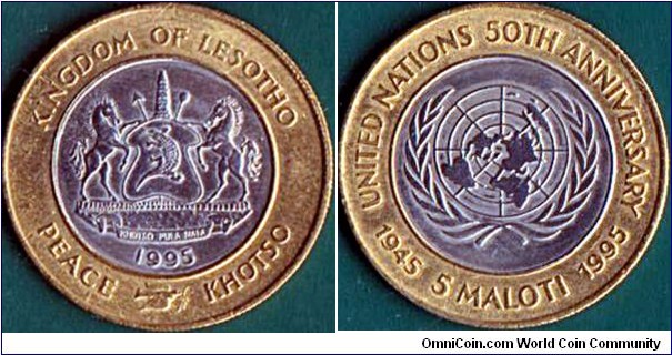 Lesotho 1995 5 Maloti.

50 Years of the United Nations.