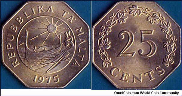 Malta 1975 25 Cents.

Declaration of the Republic of Malta (13th. of December 1974).
