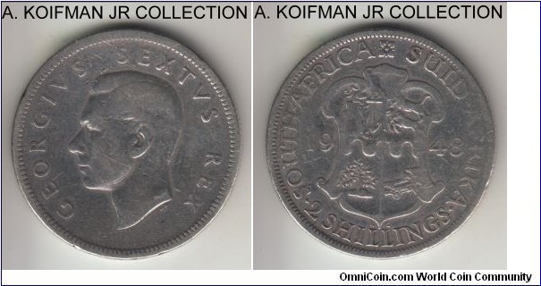 KM-38.1, 1948 South Africa (Dominion) 2 shillings; silver, reeded edge; George VI, scarce type in general and this year only had 7,893 minted, with 1,120 in proof, and 6,773 in business trike, coin is worn, cleaned and slightly polished.