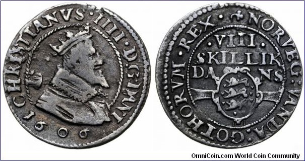 8 Skilling Dansk - Christian IV. 2,92g Ag 888.